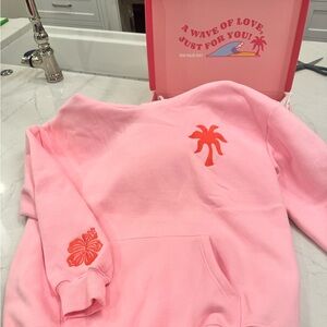 Genuine “everything comes in waves” Pink Palm Puff hoodie in pink. Size Adult M